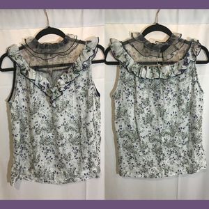 NEW ROSEanna Floral Ruffle Sleeveless‎ Blouse Top in White/ Purple [SZ 36 ]